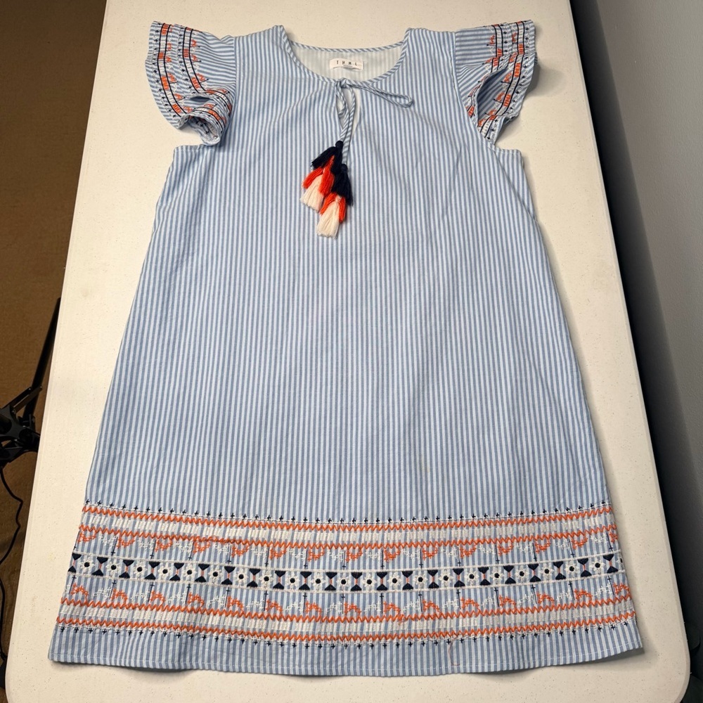 THML Blue and White Striped Cotton Sun Dress with Tassels & Embroidered Details - Picture 13 of 14